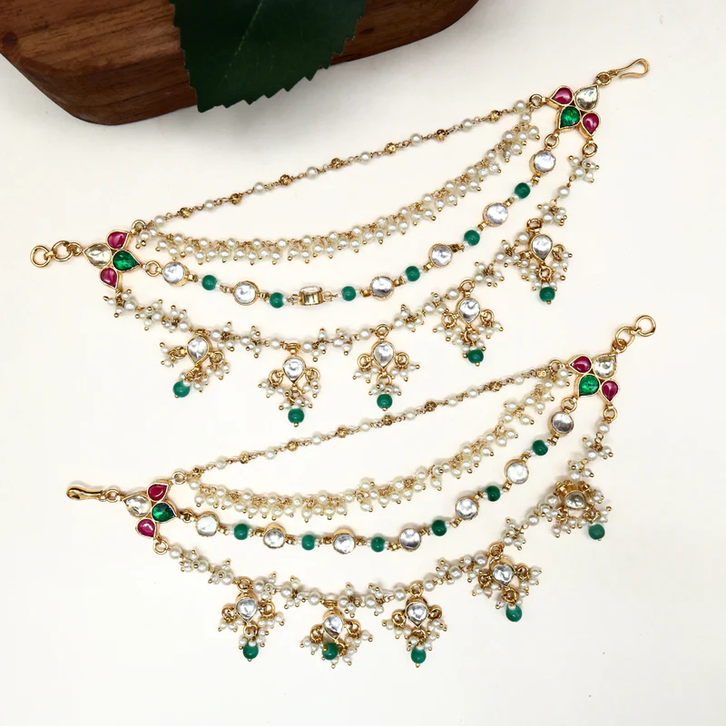 Premium Pachi Kundan 4 Layer Green Beads Bridal Earchain